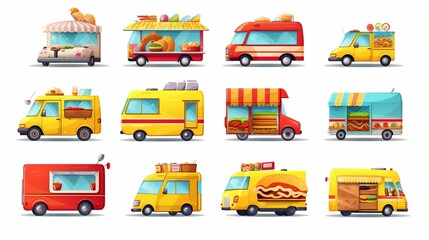 A vibrant assortment of diverse and colorful food trucks with various culinary offerings