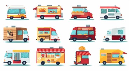 A stylish selection of food trucks offering a wide range of tasty eats, from fast food to gourmet treats, on the street