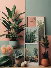 Collage of different flowers and plants in retro style and pastel colors.