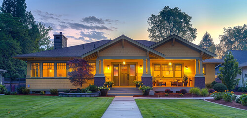Dawn's gentle awakening on a canary yellow Craftsman style house, the suburban landscape still and silent, daybreak casting a hopeful light, serene and inviting - obrazy, fototapety, plakaty