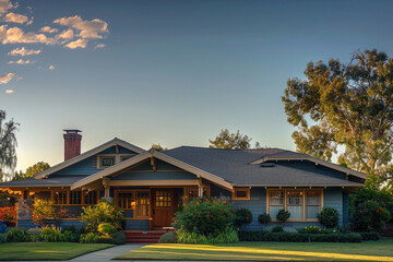 Dawn's first light touching a sky-blue Craftsman style house, suburban calm before the day's hustle, fresh and clear morning air, peaceful awakening - obrazy, fototapety, plakaty