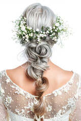 Head shot of a gray haired woman with bridal hairstyle adorned with flowers. Rear view. Isolated on white background. Copy space. Concept of weddings and hairstyles.