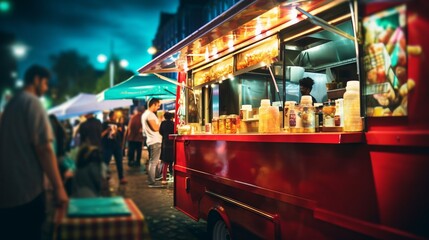 An evocative image of a lively evening food market with a bright food truck serving customers against a bokeh of lights