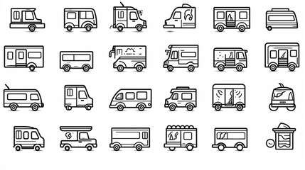 A selection of line art drawings featuring different designs and styles of food trucks for various culinary businesses