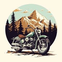 Vintage motorcycle illustration with a mountain lan