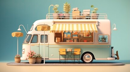 A charming retro-style food truck complete with a rooftop garden and pastel tones