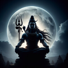 Silhouette of a lord shiva with a trident against a full moon in the background.