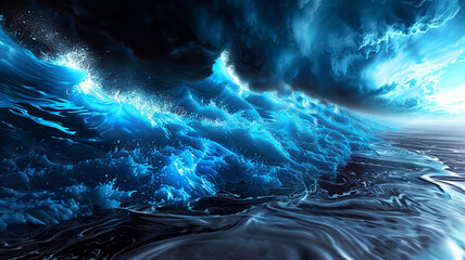 : Electric blue waves crashing against a digital shoreline