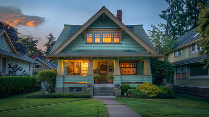 Evening's last light reflecting off a seafoam green Craftsman style house, the suburban neighborhood quieting, day transitioning into peaceful night