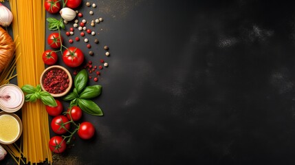 Ingredients for Italian cuisine precisely arranged on black background, tomatoes, pasta, spices and herbs - obrazy, fototapety, plakaty
