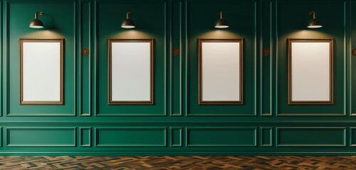 Four mockup art frames on a sophisticated emerald green wall, each frame offering a blank canvas. The luxurious backdrop and tailored lighting scheme 
