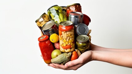 An assortment of various canned goods held in hands, emphasising home food storage or preservation
