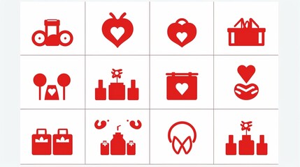 A nine-panel grid showcasing various icons that represent themes of love, caring actions, and charitable works in a striking red and white color scheme