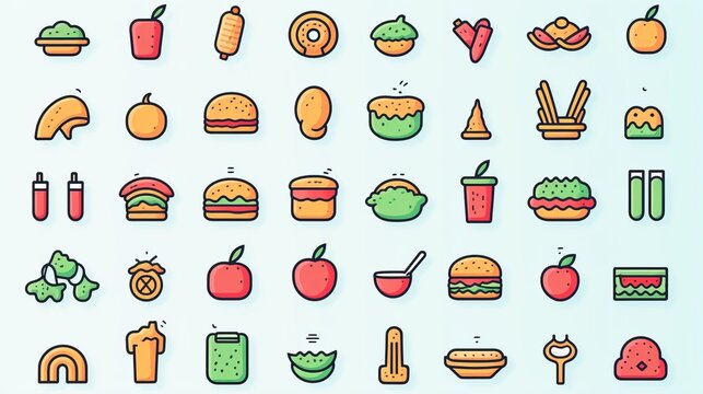 This image features a diverse set of food and beverage icons showcasing different meals, desserts, and drinks in a playful flat design style
