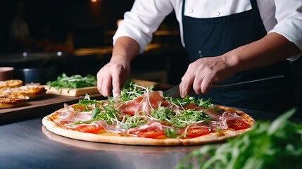 A skilled chef in a black apron adds final touches of green leaves to a nearly ready pizza on a wooden board - obrazy, fototapety, plakaty