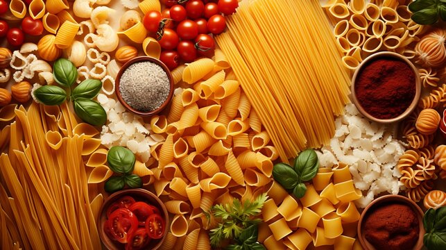 A colorful assortment of pasta shapes paired with tomatoes, basil, spices, and cheese for potential recipes