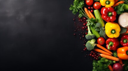 Freshly arranged vibrant vegetables on deep black background emphasize the concept of health and organic farming