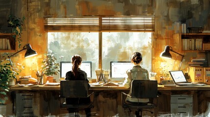 An office environment with women working. Positive workplace concept. - obrazy, fototapety, plakaty