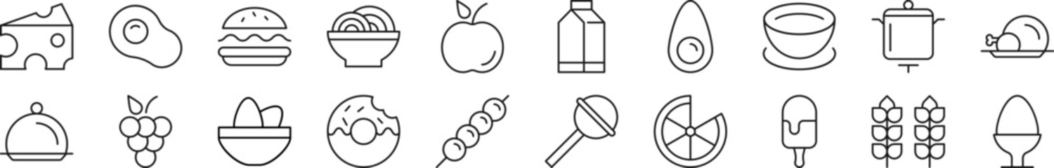 Bundle of linear symbols of food. Editable stroke. Linear symbol for web sites, newspapers, articles book