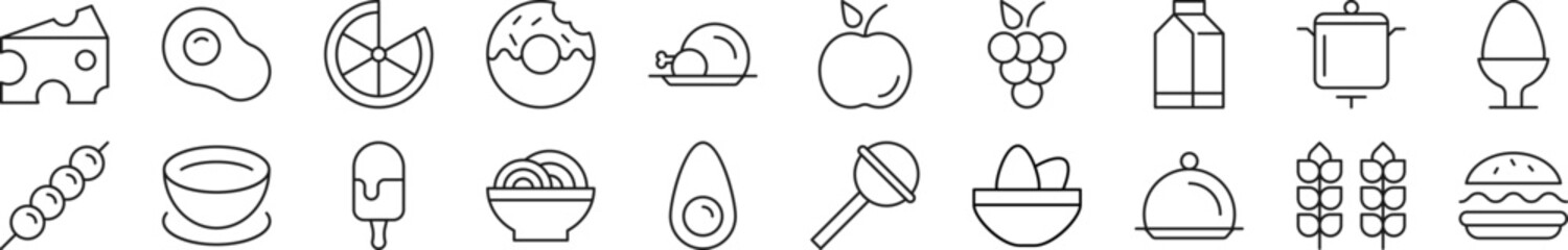 Collection of outline symbol of food. Editable stroke. Simple linear illustration for stores, shops, banners, design - obrazy, fototapety, plakaty
