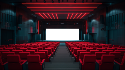 Empty cinema hall with red chairs and transparent white screen