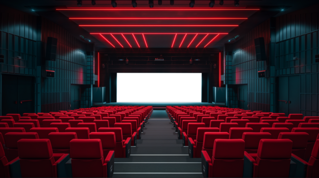 Empty cinema hall with red chairs and transparent white screen