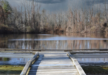 wooden bridge over lake