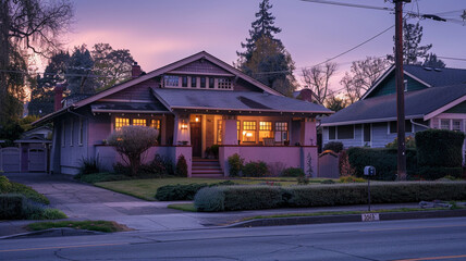 The mellow light of early evening setting on a mauve Craftsman style house, suburban streets winding down as the day comes to a close, peaceful and subdued - obrazy, fototapety, plakaty