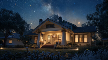 The profound silence of a late suburban night, a cream-colored Craftsman style house under the watchful gaze of the stars, serene and timeless - obrazy, fototapety, plakaty