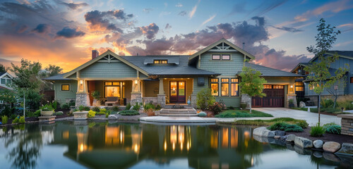 The quietude of dusk surrounding a sage Craftsman style house, suburban activities ceasing, the sky blending into evening colors, tranquil and reflective - obrazy, fototapety, plakaty