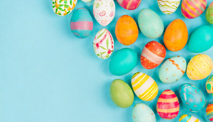 Fototapeta na wymiar Easter Egg Symphony: Pastel Colors Blues and Whites on a Soft Blue Background, Seamless Easter Pattern: Colorful Easter Eggs on Blue Background