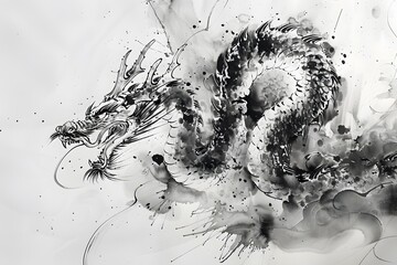 Illustration of Chinese brush painting of a dragon. Black ink lines drawn by master artist. It is a line that has weight, heaviness and lightness in art. Suitable for applying and decorating anywhere. © Chanawat