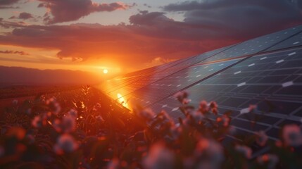 Solar panels gleaming at dawn in a flower field.
