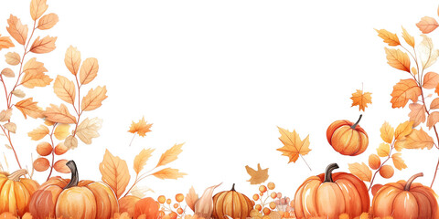 Watercolour autumn leaves and pumpkins on a transparent background