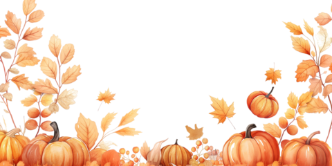 Watercolour autumn leaves and pumpkins on a transparent background