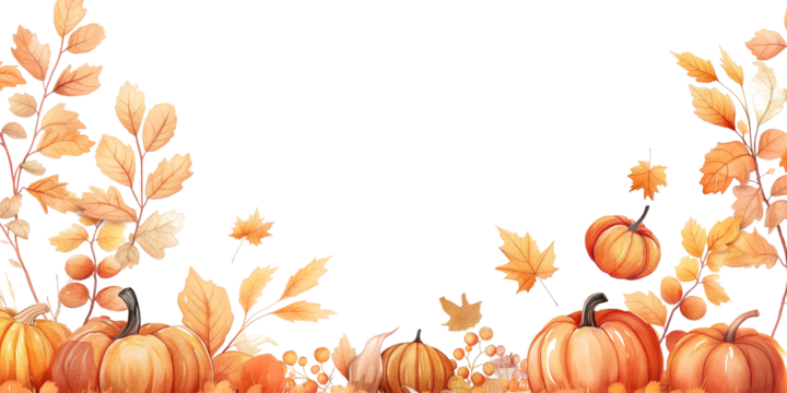 Watercolour autumn leaves and pumpkins on a transparent background