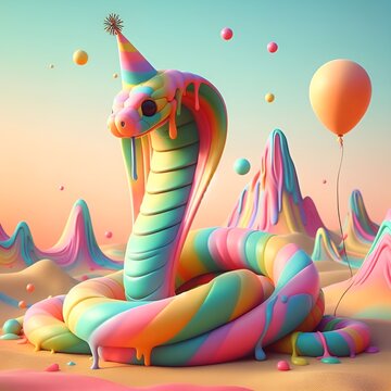 Digital Art Bright rainbow pastels melt into the shape of a cobra coiling in the desert.