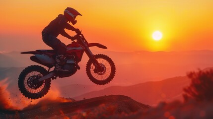 Fototapeta premium Dirt biker in action during a vibrant sunset.