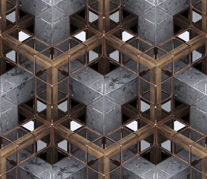 3D Wallpaper depicting a chain of geometric elements made of precious wood golden glossy metal and gray marble stone construction chain. High quality seamless realistic texture.