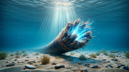 Marine Abyss Electric Cable Burst with Sparking Wires - obrazy, fototapety, plakaty