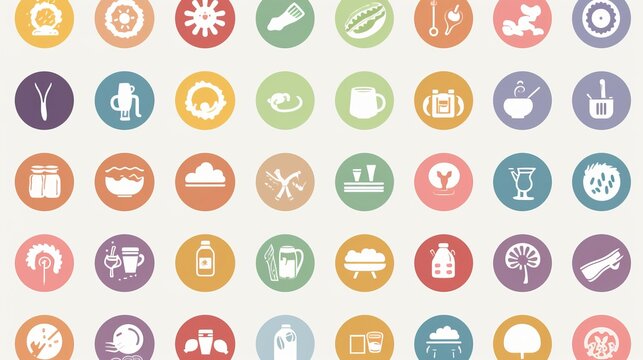 Soft-hued pastel icons showcasing a range of daily activities, objects, and food in a minimalist design style