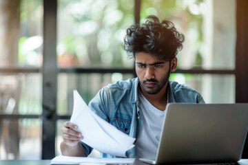 Concentrated Indian young man reviewing documents. A young man with curly hair, deeply focused while reviewing a set of documents in front of his laptop.