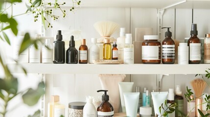A bright and airy bathroom shelf filled with skincare products arranged neatly, - obrazy, fototapety, plakaty