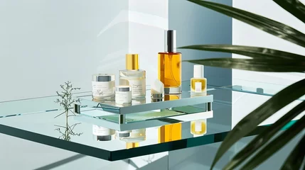 Fototapeten A skincare flat lay composition with products arranged on a mirrored surface, creating a reflective and luxe vibe, © Sladjana