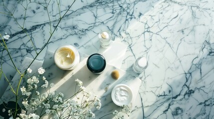 A skincare flat lay composition with products arranged on a marble countertop