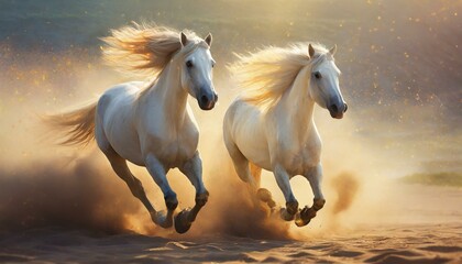 Obraz na płótnie Canvas Two white horse with long mane run in sandy dust