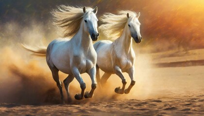 Obraz na płótnie Canvas Two white horse with long mane run in sandy dust