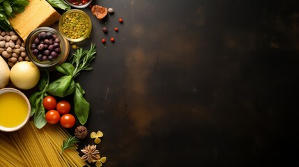 An array of fresh cooking ingredients artistically arranged on a dark, textured surface, suitable for a culinary theme