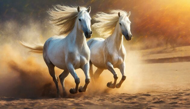 Two white horse with long mane run in sandy dust