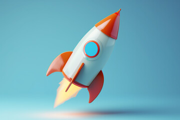 Illustration of rocket and copy space for start up business and bitcoins advertise. Flat background - Ai generated